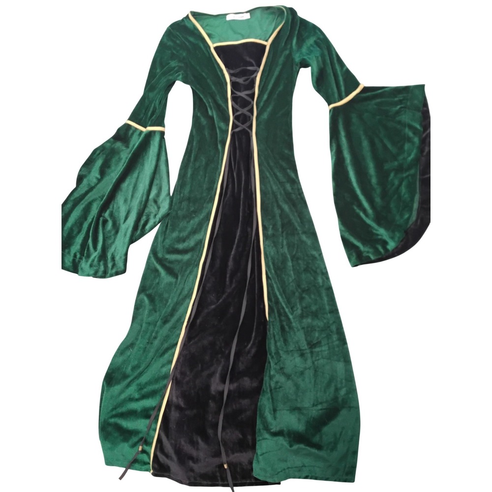 Frawirshau Womens Green Velvet Renaissance Medieval Gown Bell Sleeve Costume‎ M